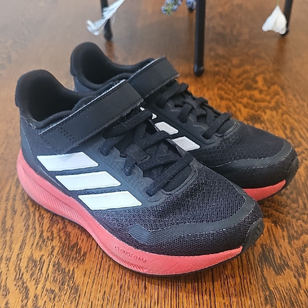 Kids Adidas Black and Red Sneakers with Breathable Mesh and Velcro Strap